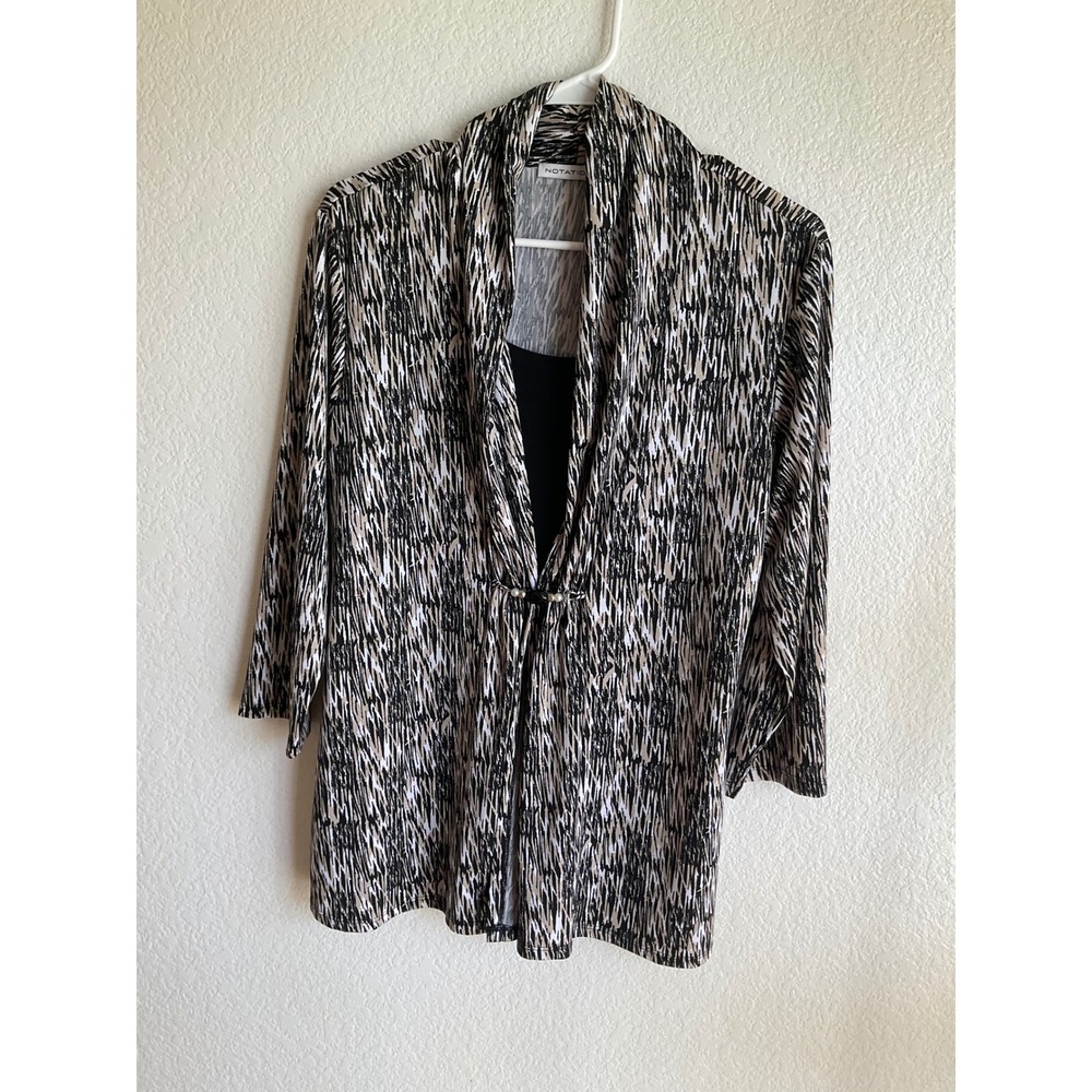 Notations Women Large Black Tan Abstract Print 2-in-1 Layered Top Beaded Accent
